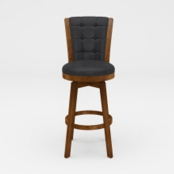 Core Set of 2 Swivel Barstool Chairs, Brown Wood, Black Faux Leather -BM336327