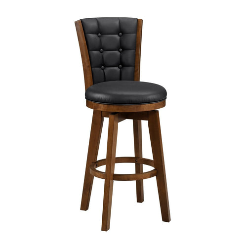 Core Set of 2 Swivel Barstool Chairs, Brown Wood, Black Faux Leather -BM336327