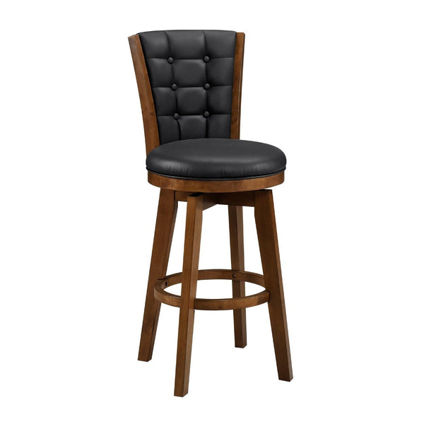 Core Set of 2 Swivel Barstool Chairs, Brown Wood, Black Faux Leather -BM336327