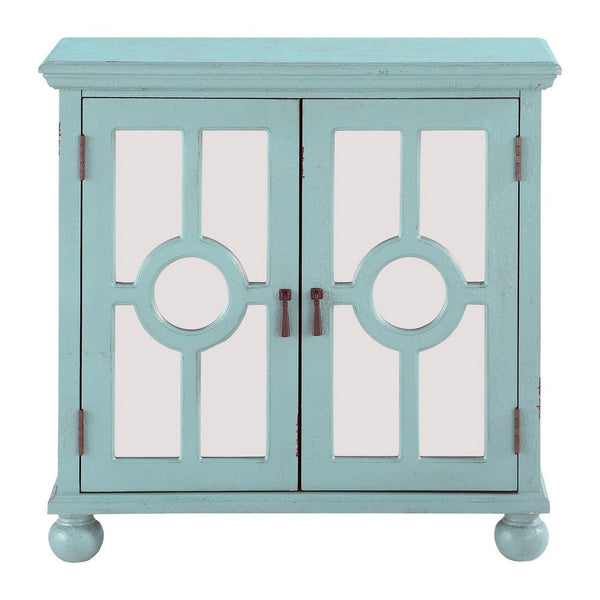 Anik Accent Cabinet, 2 Mirror Inlaid Glass Door, Aqua Green Wood -BM336330