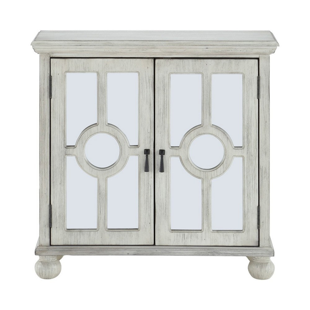 Anik Accent Cabinet, 2 Mirror Inlaid Glass Door, Antique White Wood -BM336331