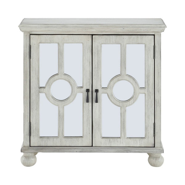 Anik Accent Cabinet, 2 Mirror Inlaid Glass Door, Antique White Wood -BM336331