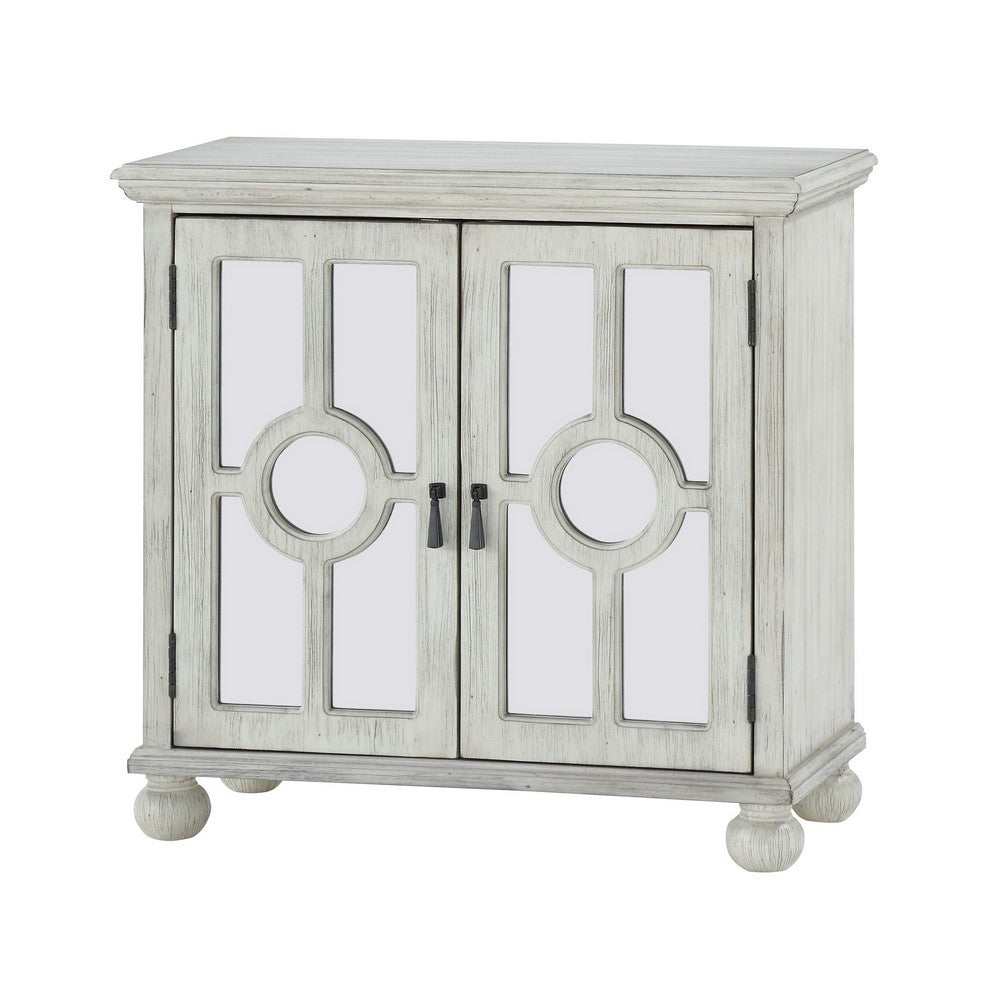 Anik Accent Cabinet, 2 Mirror Inlaid Glass Door, Antique White Wood -BM336331