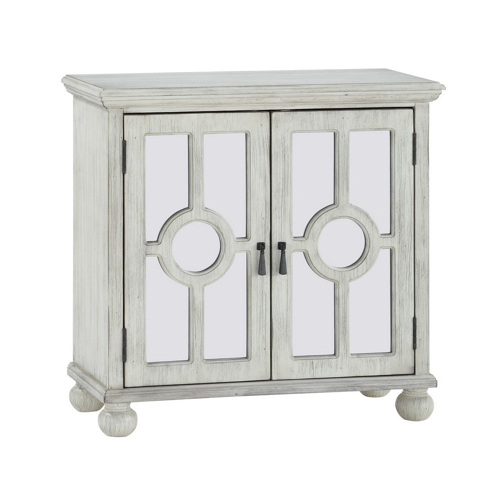 Anik Accent Cabinet, 2 Mirror Inlaid Glass Door, Antique White Wood -BM336331
