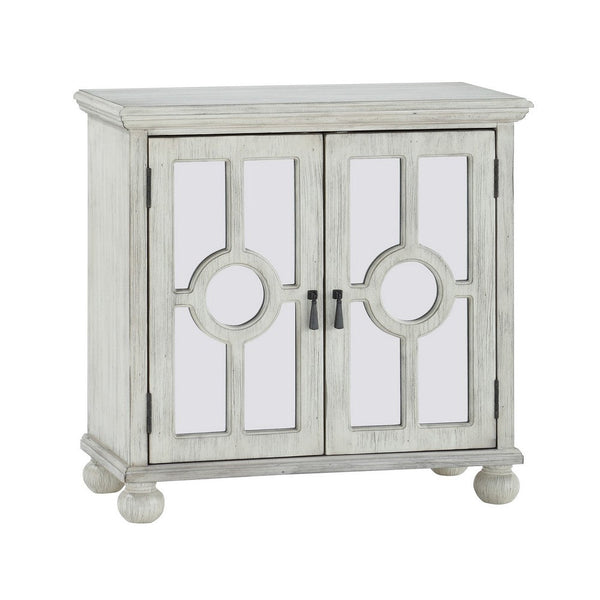 Anik Accent Cabinet, 2 Mirror Inlaid Glass Door, Antique White Wood -BM336331