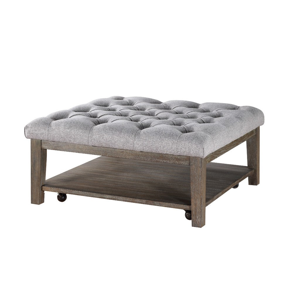 Bori Coffee Table Ottoman, 39 Inch Button Tufted Gray, Brown Wood -BM336332