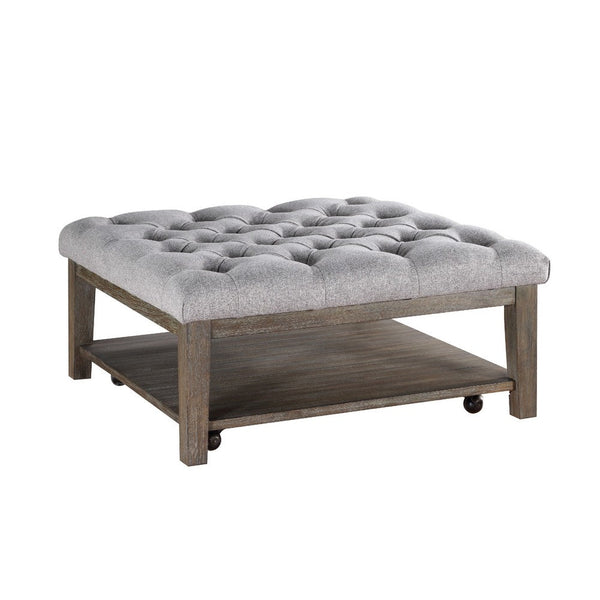 Bori Coffee Table Ottoman, 39 Inch Button Tufted Gray, Brown Wood -BM336332