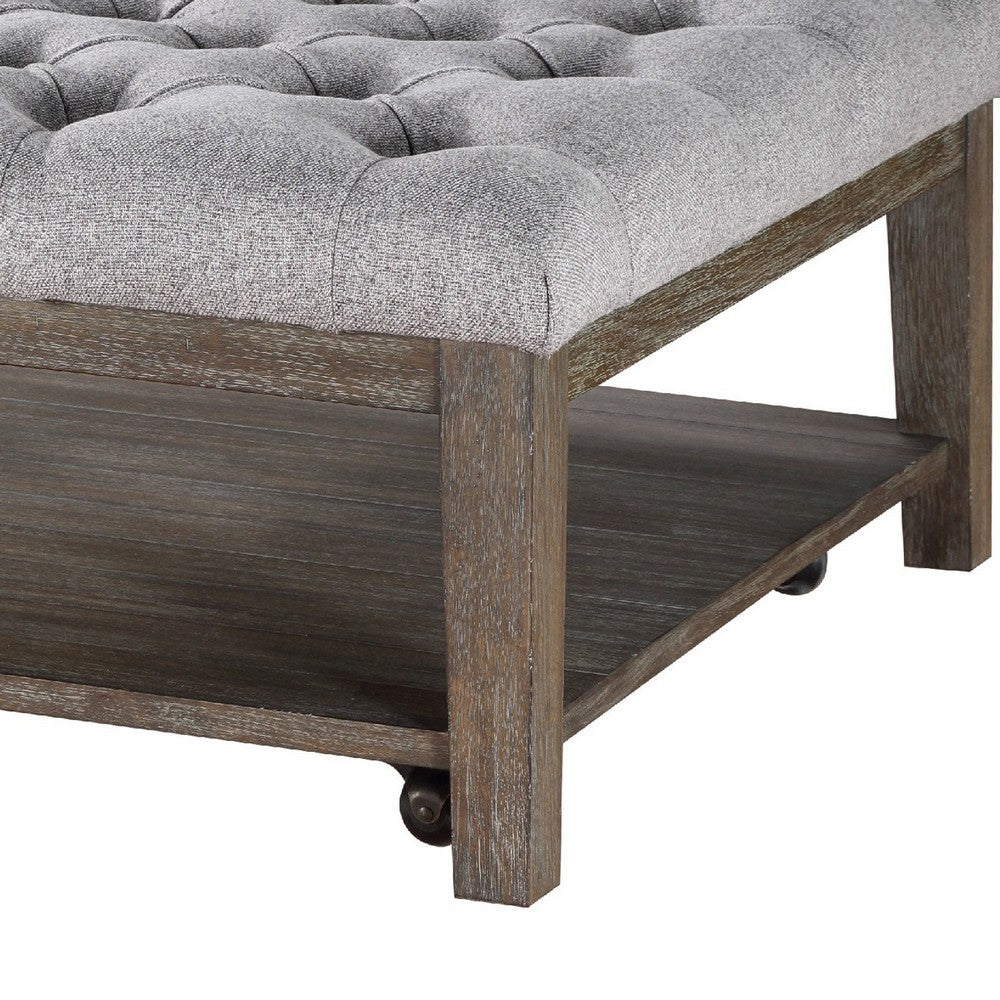 Bori Coffee Table Ottoman, 39 Inch Button Tufted Gray, Brown Wood -BM336332