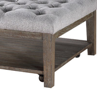 Bori Coffee Table Ottoman, 39 Inch Button Tufted Gray, Brown Wood -BM336332