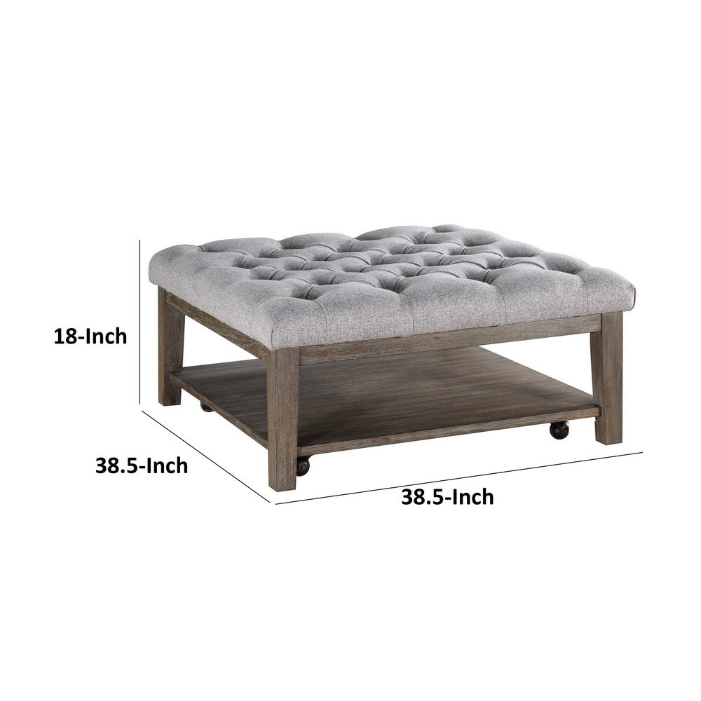 Bori Coffee Table Ottoman, 39 Inch Button Tufted Gray, Brown Wood -BM336332