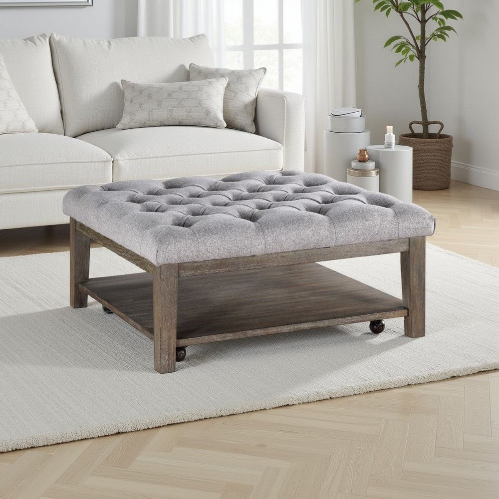 Bori Coffee Table Ottoman, 39 Inch Button Tufted Gray, Brown Wood -BM336332