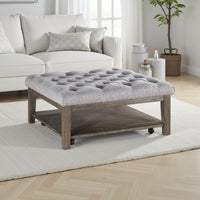 Bori Coffee Table Ottoman, 39 Inch Button Tufted Gray, Brown Wood -BM336332