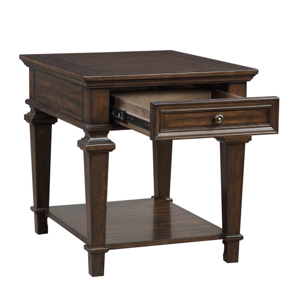 Tabby Side End Table with Drawer and Shelf, Brown Birch Wood 28 Inch -BM336341