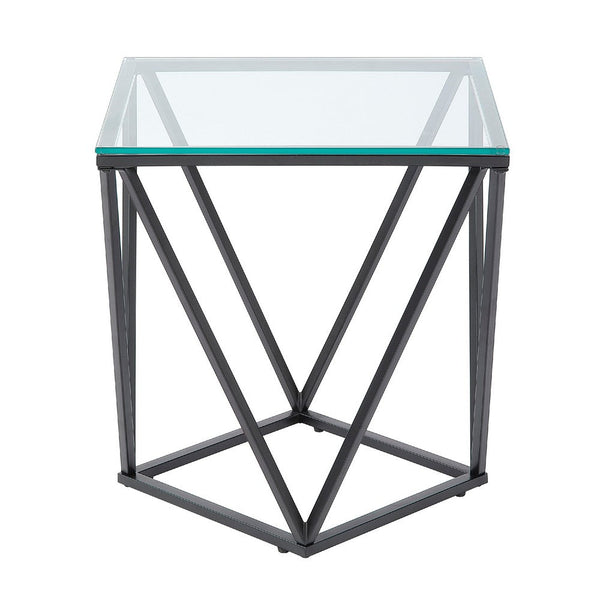Lucas Side End Table, Clear Glass Top, Geometric Frame, Black Metal -BM336343