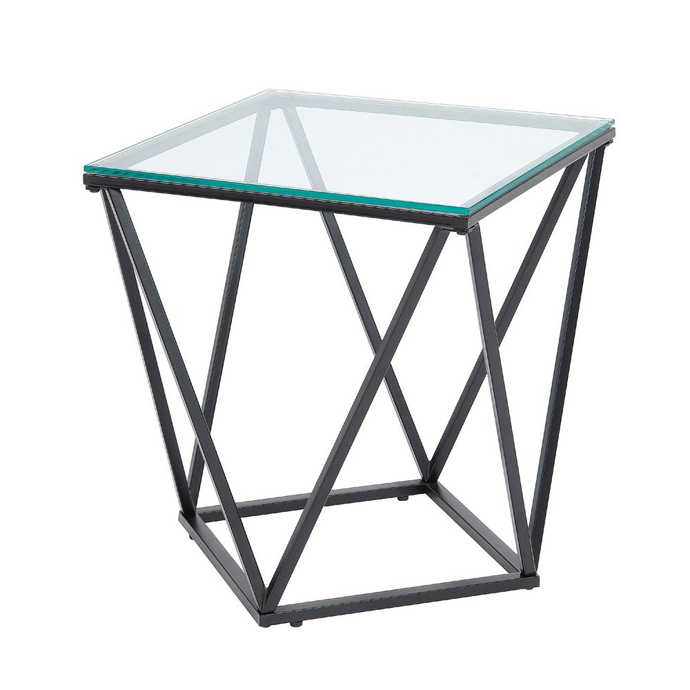 Lucas Side End Table, Clear Glass Top, Geometric Frame, Black Metal -BM336343