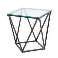Lucas Side End Table, Clear Glass Top, Geometric Frame, Black Metal -BM336343