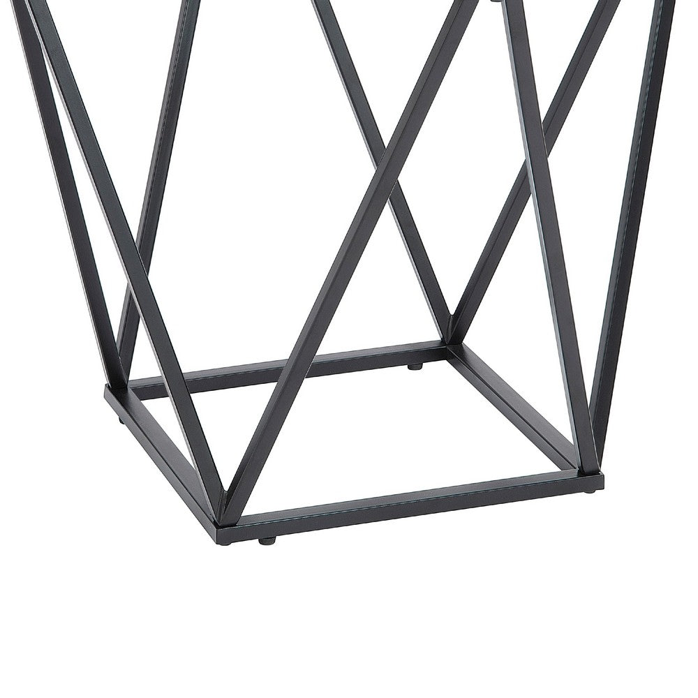 Lucas Side End Table, Clear Glass Top, Geometric Frame, Black Metal -BM336343
