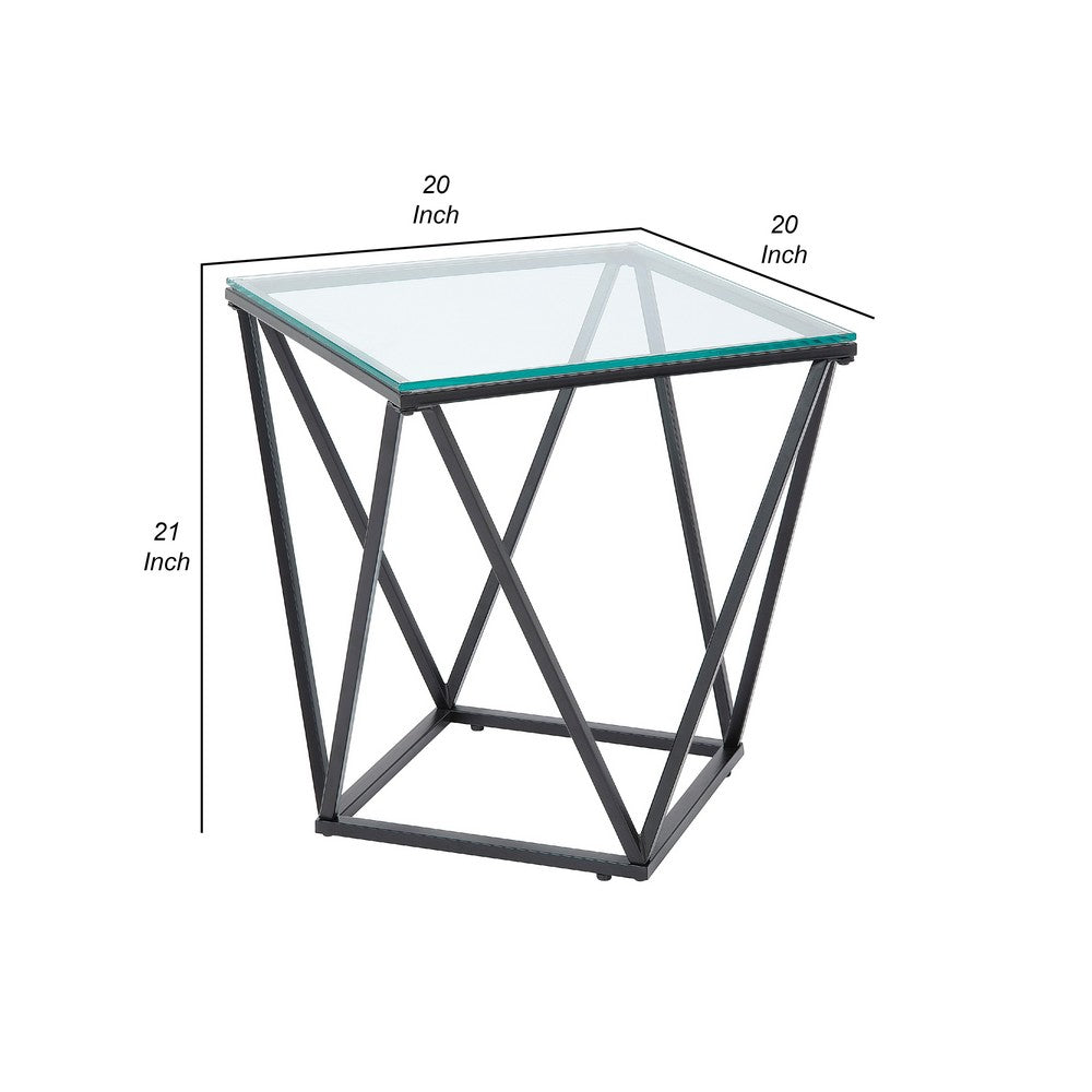 Lucas Side End Table, Clear Glass Top, Geometric Frame, Black Metal -BM336343