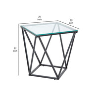 Lucas Side End Table, Clear Glass Top, Geometric Frame, Black Metal -BM336343