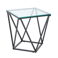 Lucas Side End Table, Clear Glass Top, Geometric Frame, Black Metal -BM336343