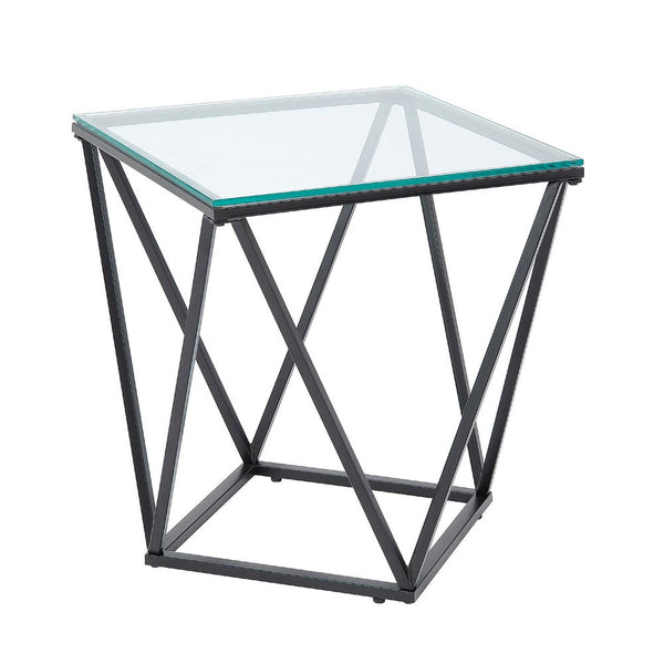 Lucas Side End Table, Clear Glass Top, Geometric Frame, Black Metal -BM336343