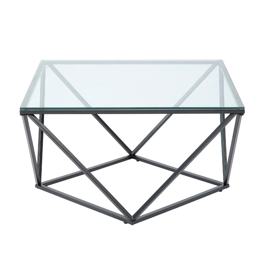 Lucas Cocktail Table, Clear Glass Top, Geometric Frame, Black Metal -BM336344