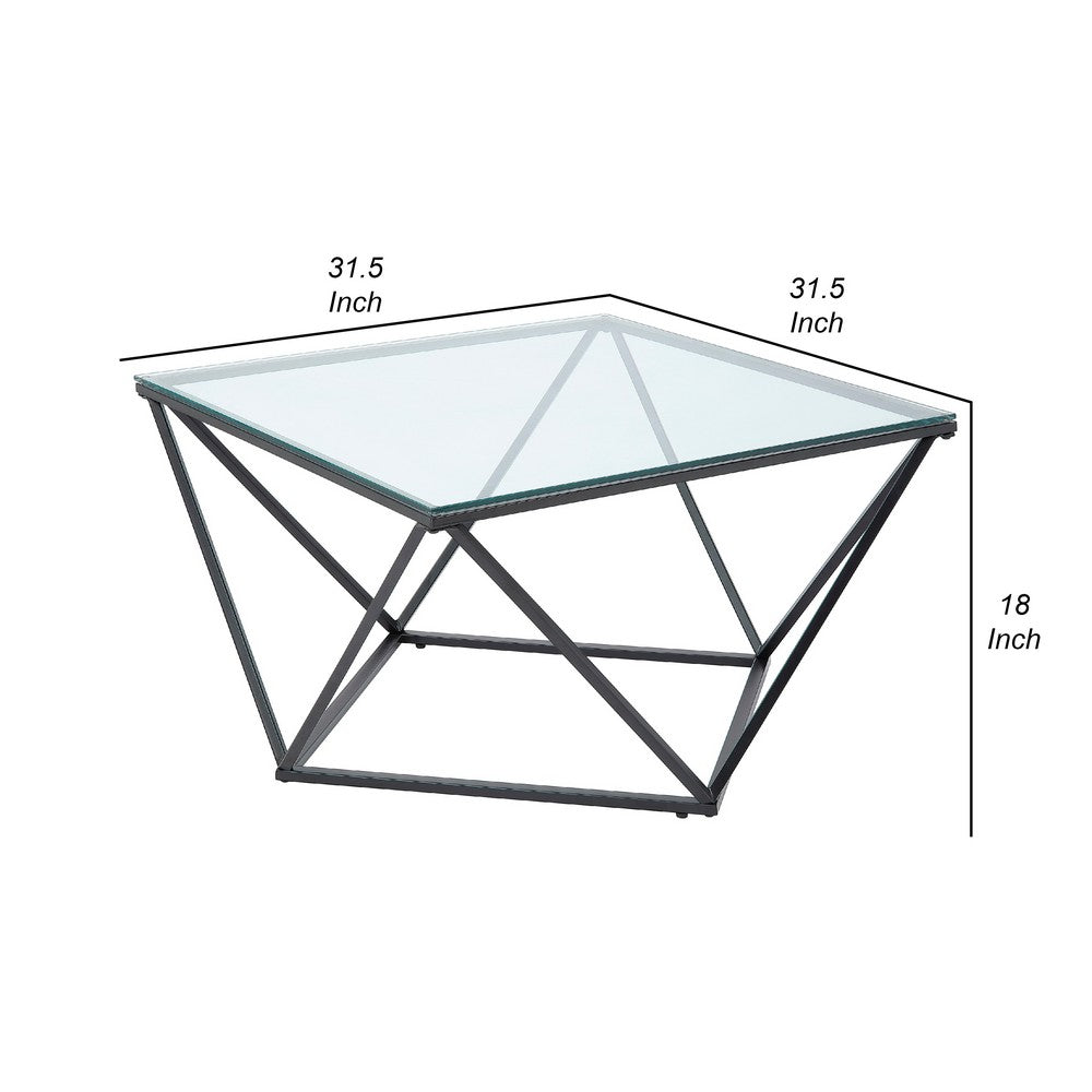 Lucas Cocktail Table, Clear Glass Top, Geometric Frame, Black Metal -BM336344