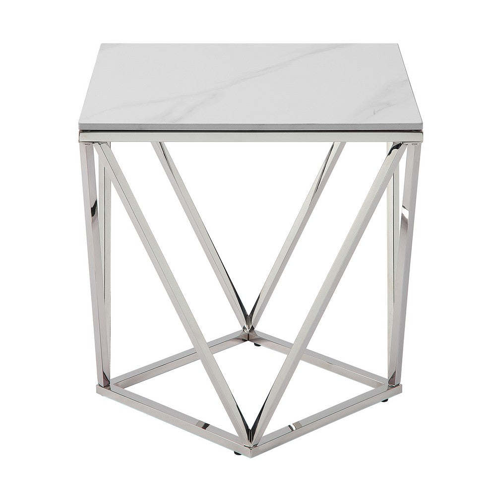 Allie End Table, White Sintered Stone, Silver Stainless Steel 21 Inch -BM336345