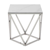 Allie End Table, White Sintered Stone, Silver Stainless Steel 21 Inch -BM336345