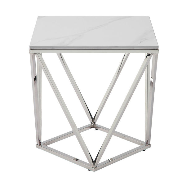 Allie End Table, White Sintered Stone, Silver Stainless Steel 21 Inch -BM336345