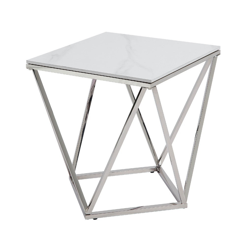 Allie End Table, White Sintered Stone, Silver Stainless Steel 21 Inch -BM336345