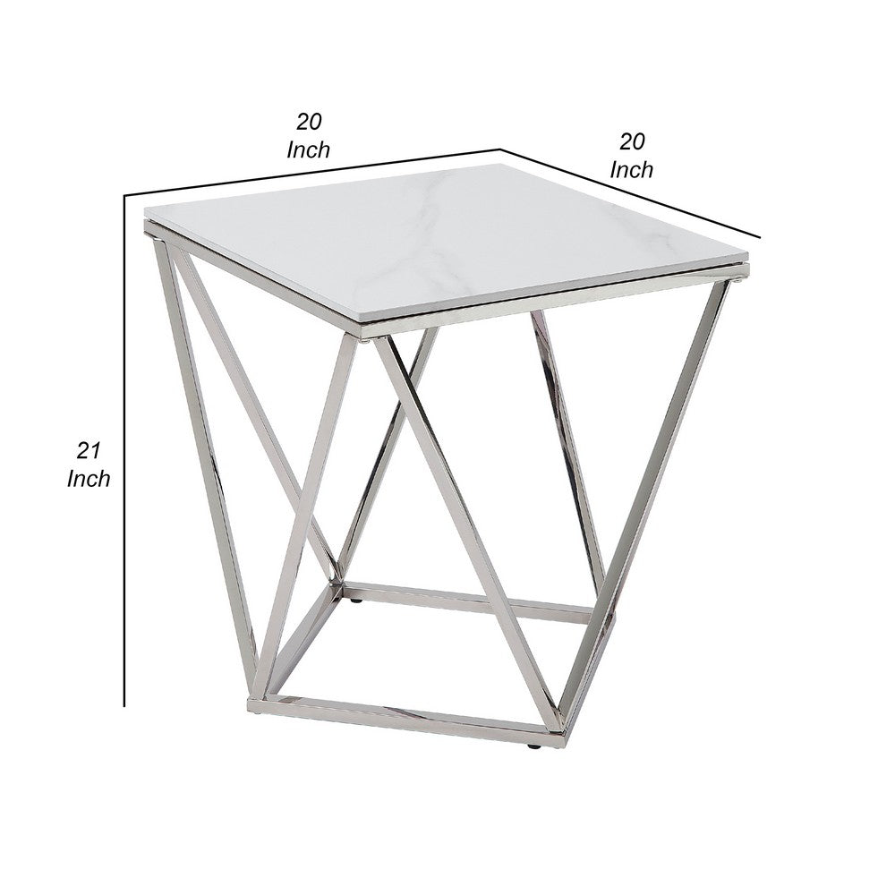 Allie End Table, White Sintered Stone, Silver Stainless Steel 21 Inch -BM336345