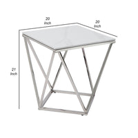 Allie End Table, White Sintered Stone, Silver Stainless Steel 21 Inch -BM336345