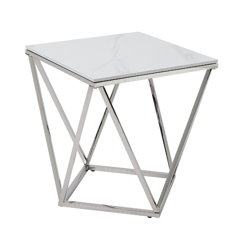Allie End Table, White Sintered Stone, Silver Stainless Steel 21 Inch -BM336345