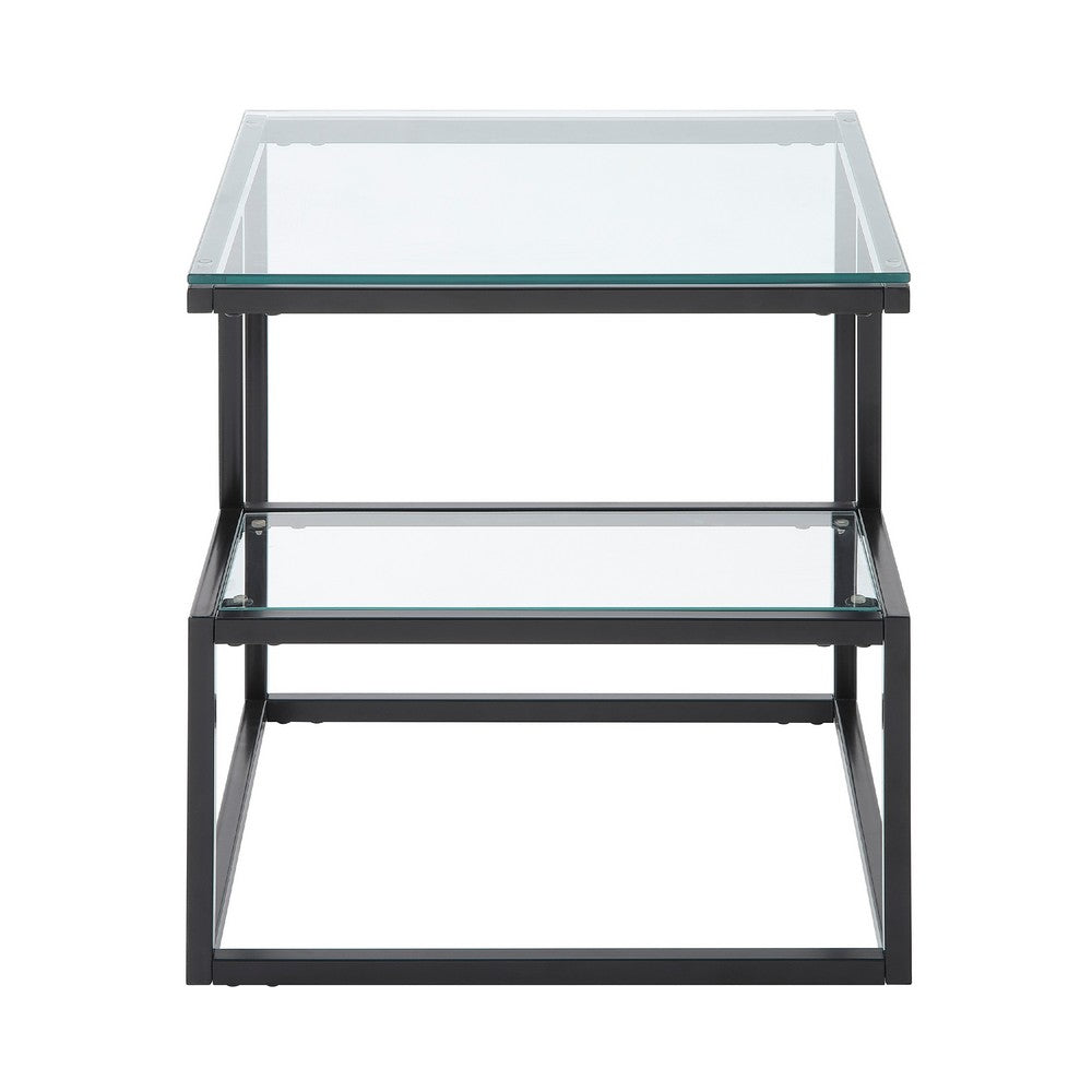 Elena End Table with 2-Tier Design, Glass Top and Shelf, Black Metal -BM336347