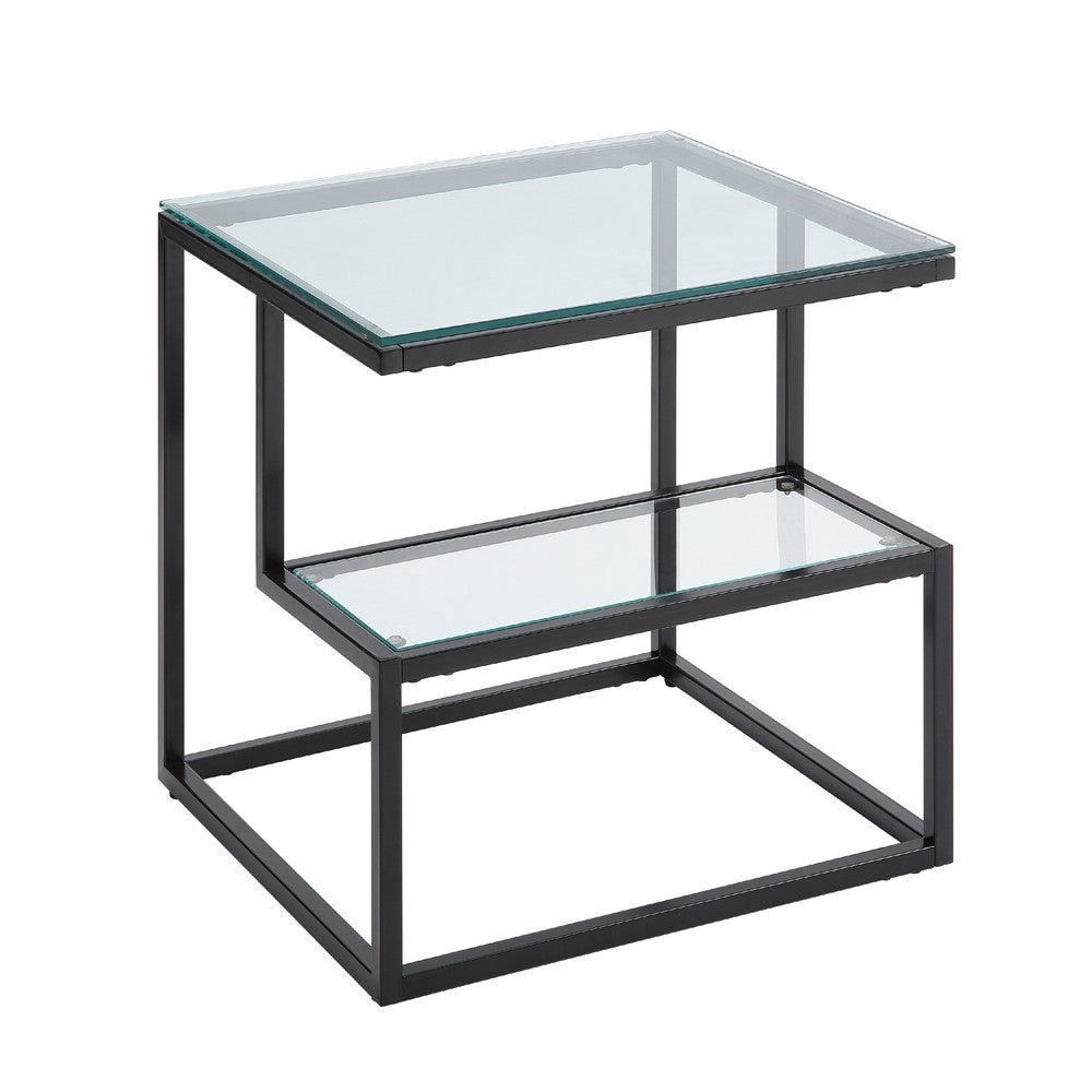 Elena End Table with 2-Tier Design, Glass Top and Shelf, Black Metal -BM336347