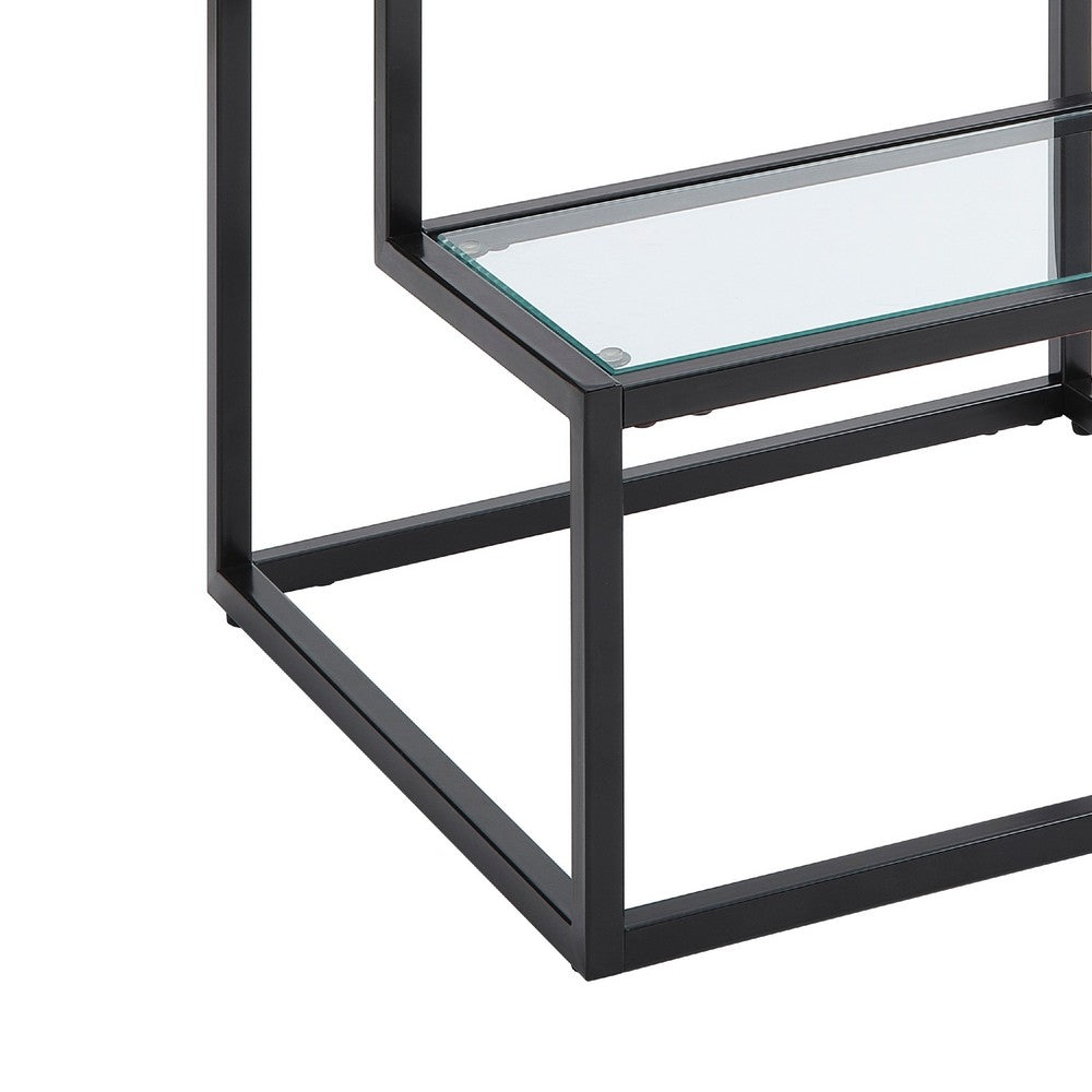 Elena End Table with 2-Tier Design, Glass Top and Shelf, Black Metal -BM336347