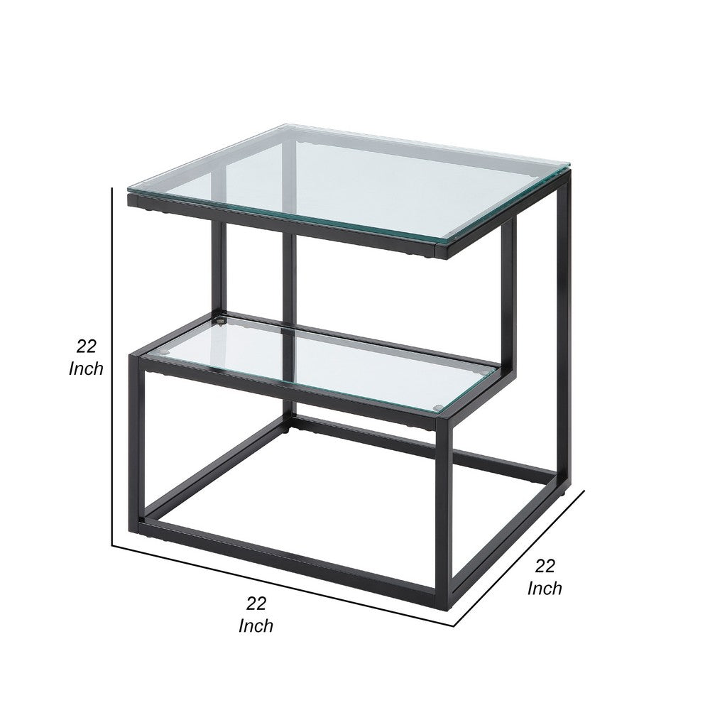 Elena End Table with 2-Tier Design, Glass Top and Shelf, Black Metal -BM336347