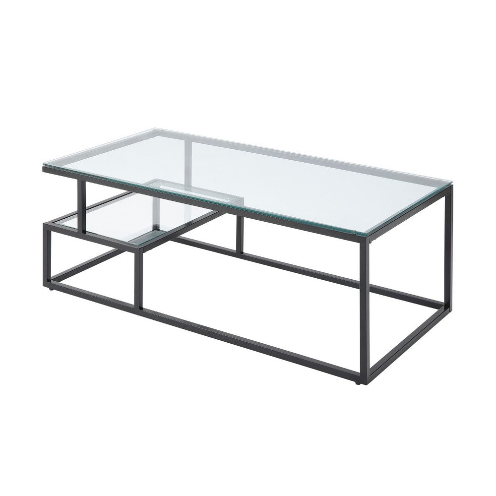Elena Coffee Table, 2-Tier Design, Glass Top and Shelf, Black Metal -BM336348