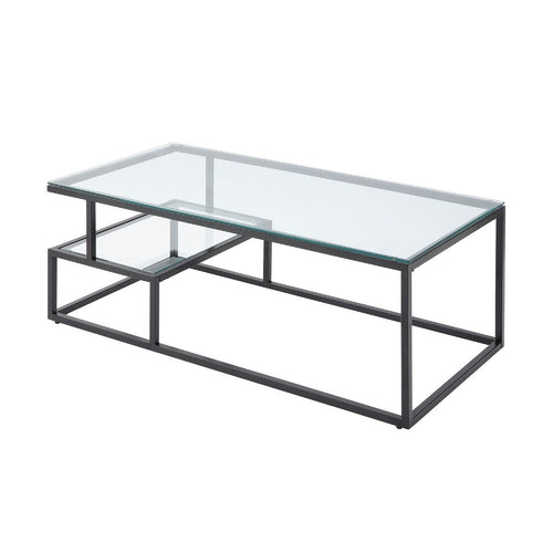 Elena Coffee Table, 2-Tier Design, Glass Top and Shelf, Black Metal -BM336348