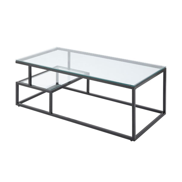 Elena Coffee Table, 2-Tier Design, Glass Top and Shelf, Black Metal -BM336348