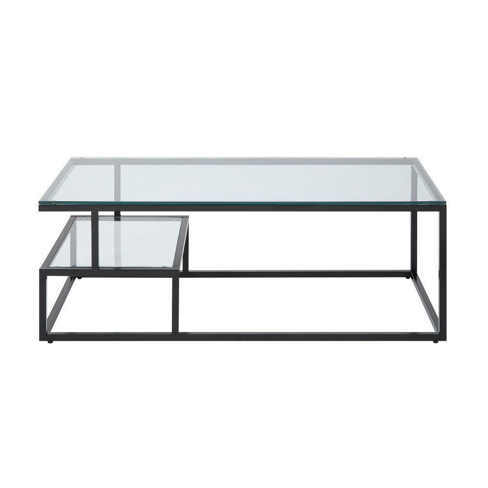 Elena Coffee Table, 2-Tier Design, Glass Top and Shelf, Black Metal -BM336348