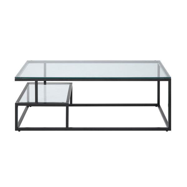 Elena Coffee Table, 2-Tier Design, Glass Top and Shelf, Black Metal -BM336348