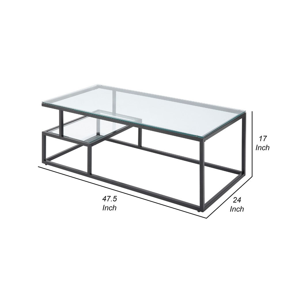 Elena Coffee Table, 2-Tier Design, Glass Top and Shelf, Black Metal -BM336348