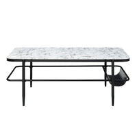 Marty 3pc Coffee End Table Set, White Marble Fluted Glass Tops, Black -BM336352