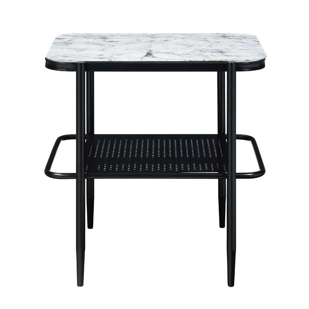 Marty 3pc Coffee End Table Set, White Marble Fluted Glass Tops, Black -BM336352