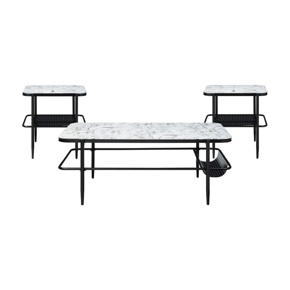 Marty 3pc Coffee End Table Set, White Marble Fluted Glass Tops, Black -BM336352