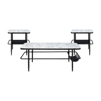 Marty 3pc Coffee End Table Set, White Marble Fluted Glass Tops, Black -BM336352