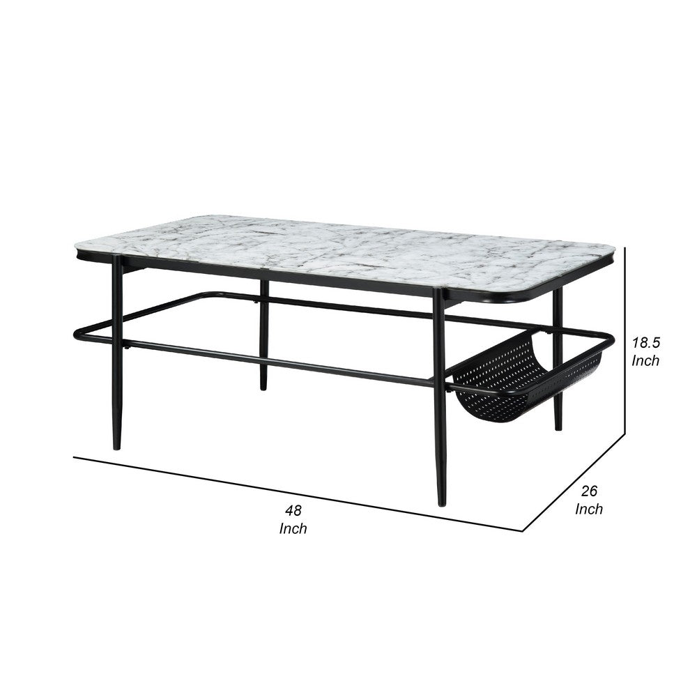 Marty 3pc Coffee End Table Set, White Marble Fluted Glass Tops, Black -BM336352
