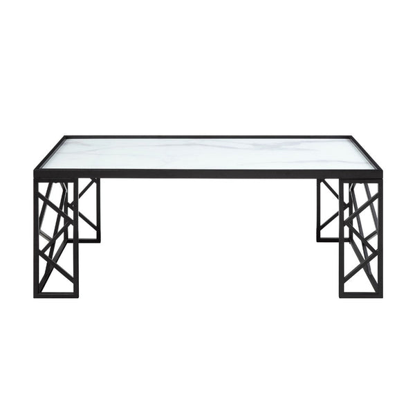 Anya 3pc Coffee and End Table Set, White Marble Print Glass Top, Black -BM336353